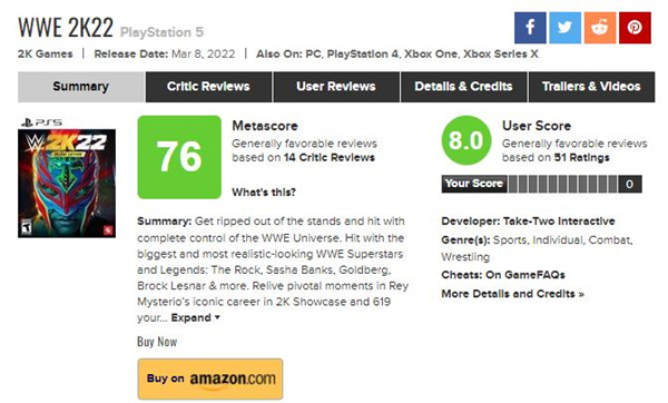 WWE 2K22PS5版媒体评分解禁 综合评分76分